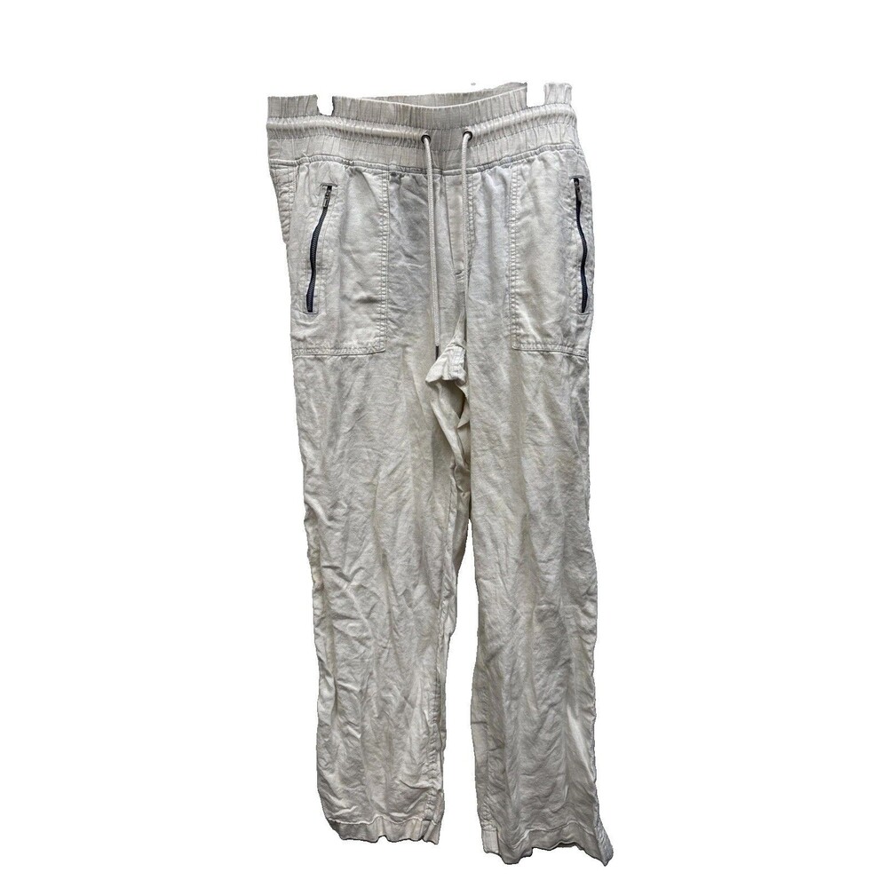 Athleta Linen Women Pants 12 Drawstring Zip Pockets Elastic Waist